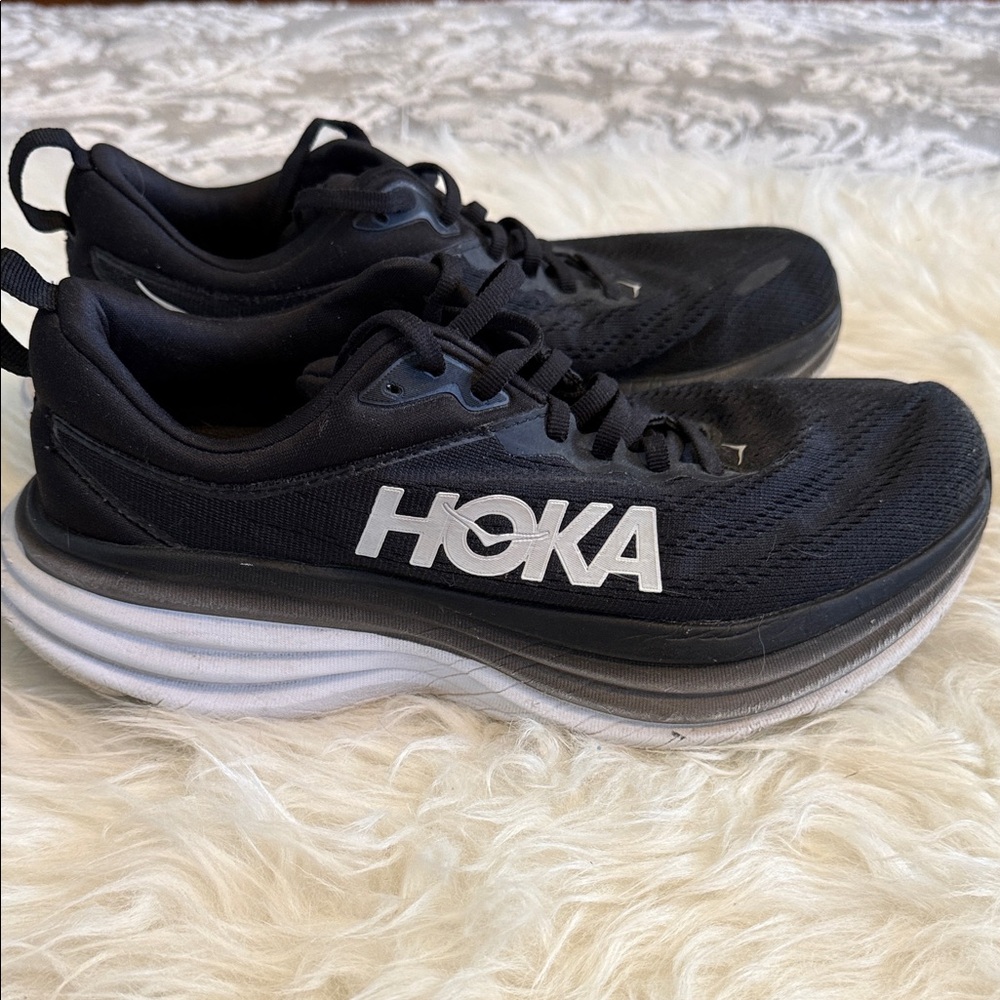 Hoka Bondi 8 Black and White Athletic Running Shoes - Picture 3 of 6